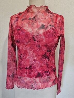BCX Pink Floral Mesh Long Sleeve Top